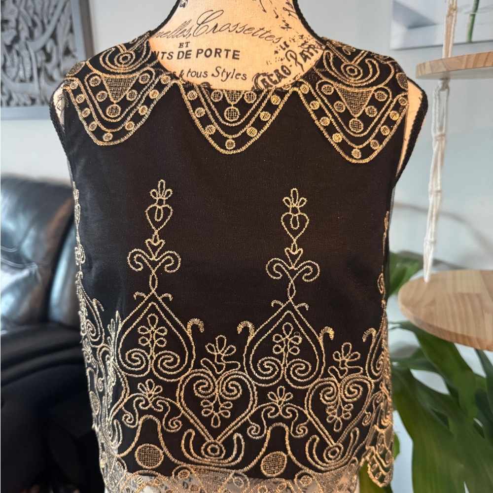 Gianni Bini Black and Gold Embroidered Blouse